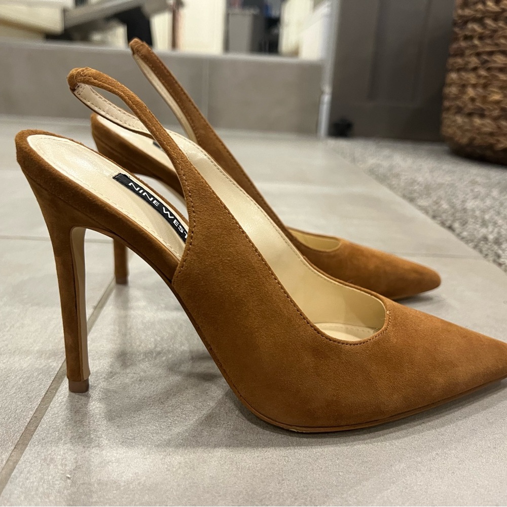 Nine West Feather Pointy Toe Slingback Pumps in Medium Brown Suede